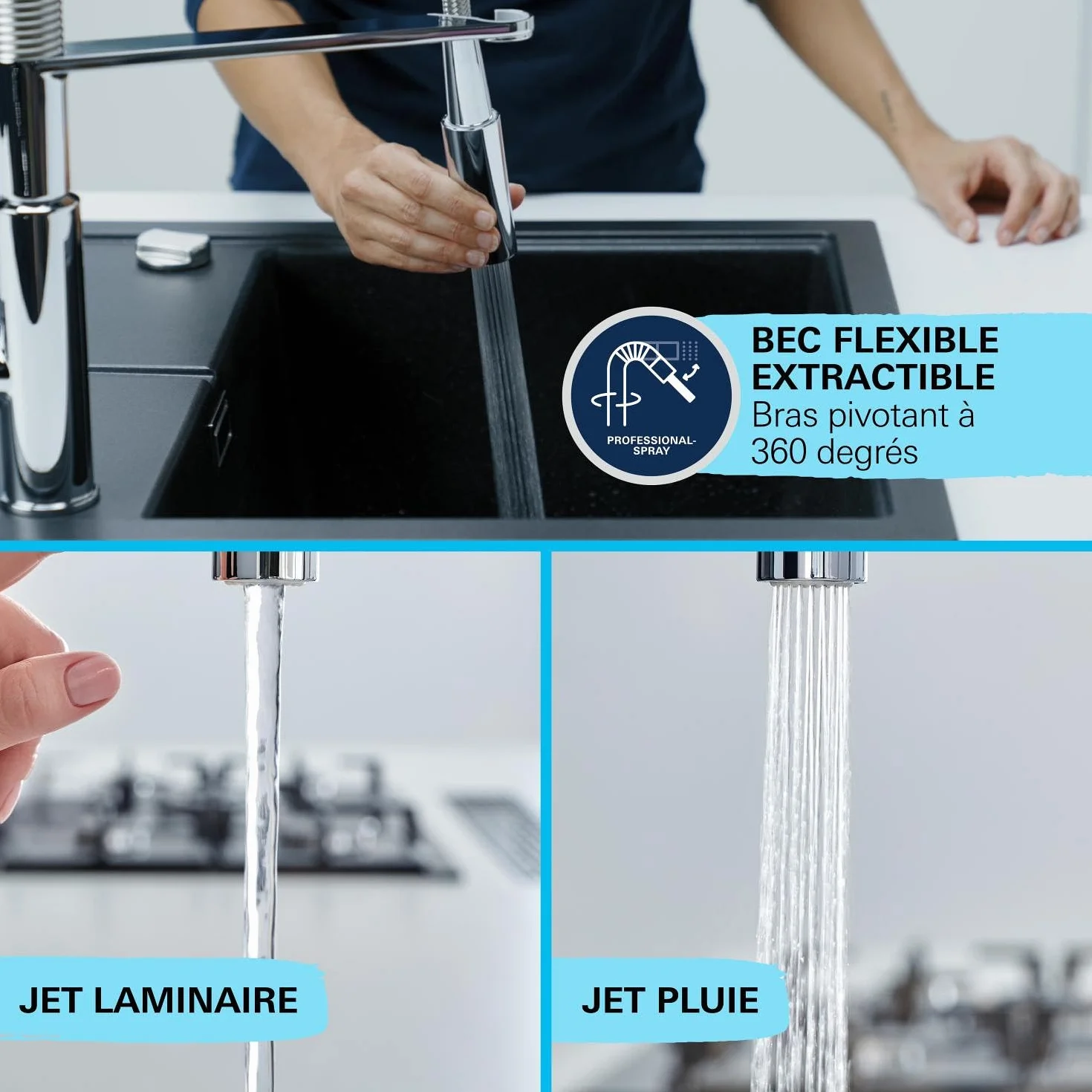 GROHE Mitigeur monocommande 2 jets Robinet évier de cuisine avec douchette extractible Chromé 30361000
