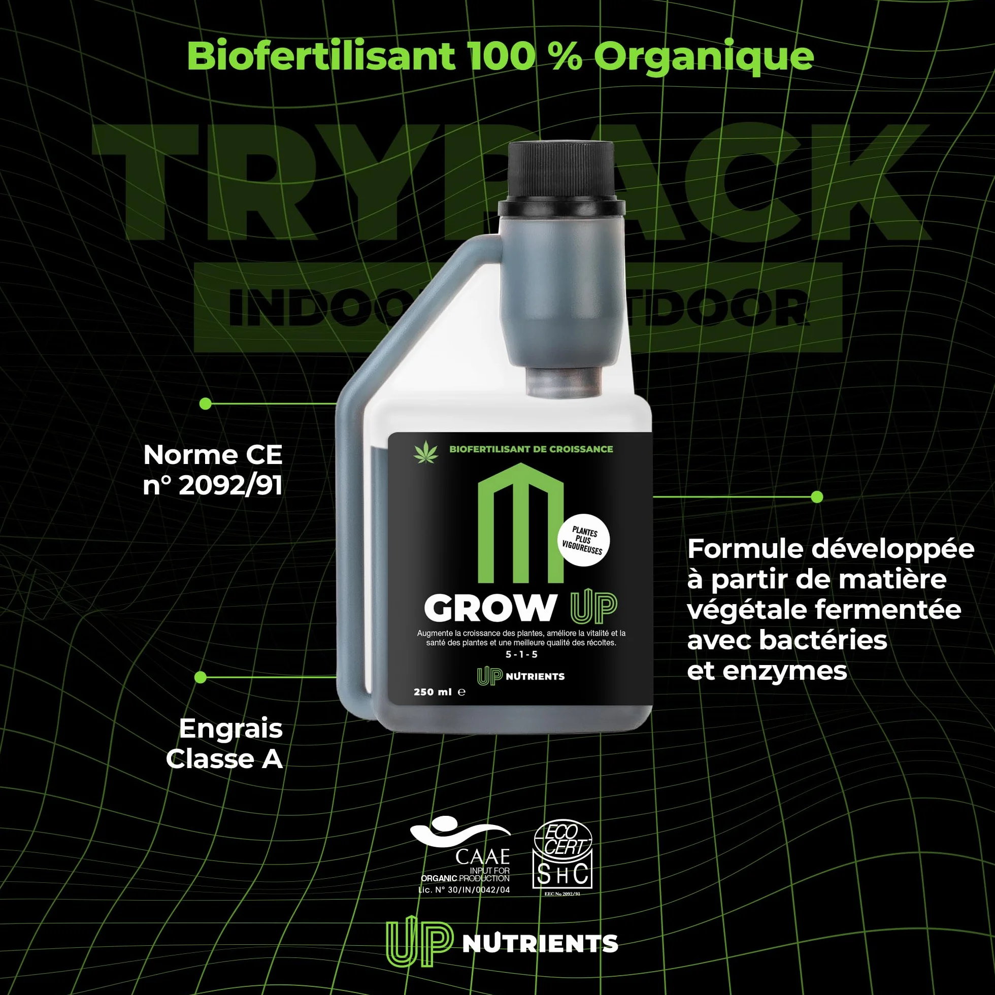 UP NUTRIENTS Trypack Engrais Grow, Bloom & Boost 250 ml | Engrais 100% biologique pour culture en intérieur & extérieur | Enracinement, Croissance et Floraison | Stimulant fleurs et plantes (250 ML)