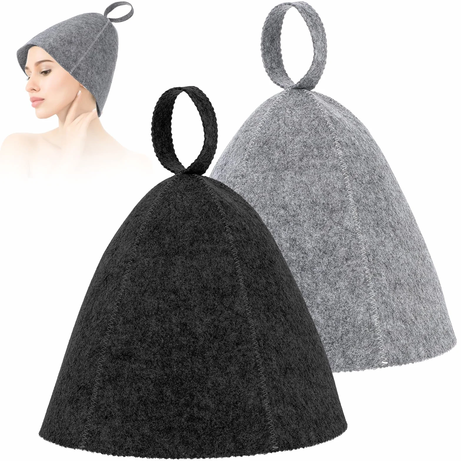 Lot de 2 bonnets de sauna en feutre de laine absorbant - Protection de la tête taille universelle gris noir
