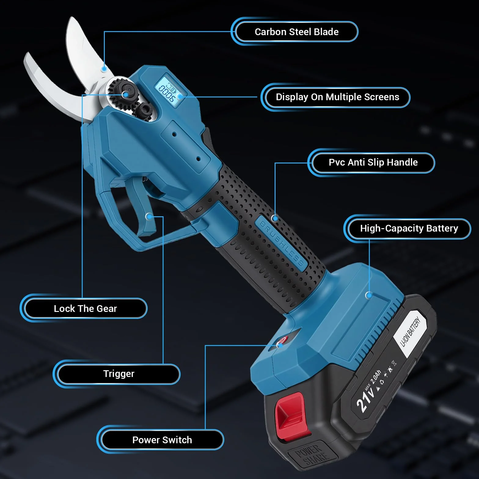 Sécateur et cisaille à gazon sans fil 21 V 2 en 1 avec 2 x 2600 mAh | 18000 tr/min, épaisseur de coupe 8 mm | Sécateur électrique léger pour haies et bordures de pelouse (bleu)