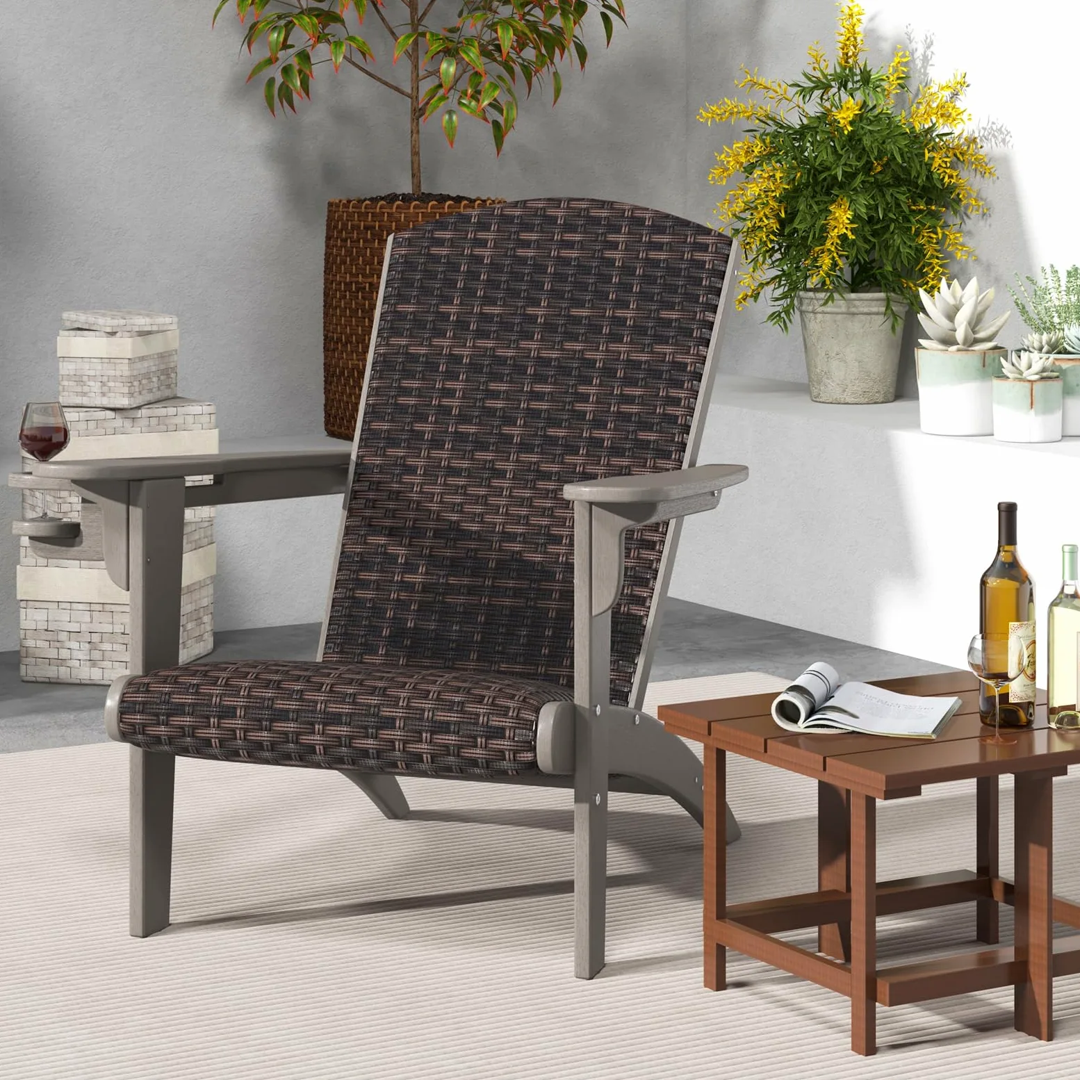 COSTWAY Fauteuil Jardin Exterieur, Chaise Adirondack en HDPE, Porte-Gobelet Rotatif, Siège et Dossier Rembourrés en Rotin, Chaise Longue pour Jardin Porche, 92 x 76 x 100 cm, Charge 150 kg (Gris)