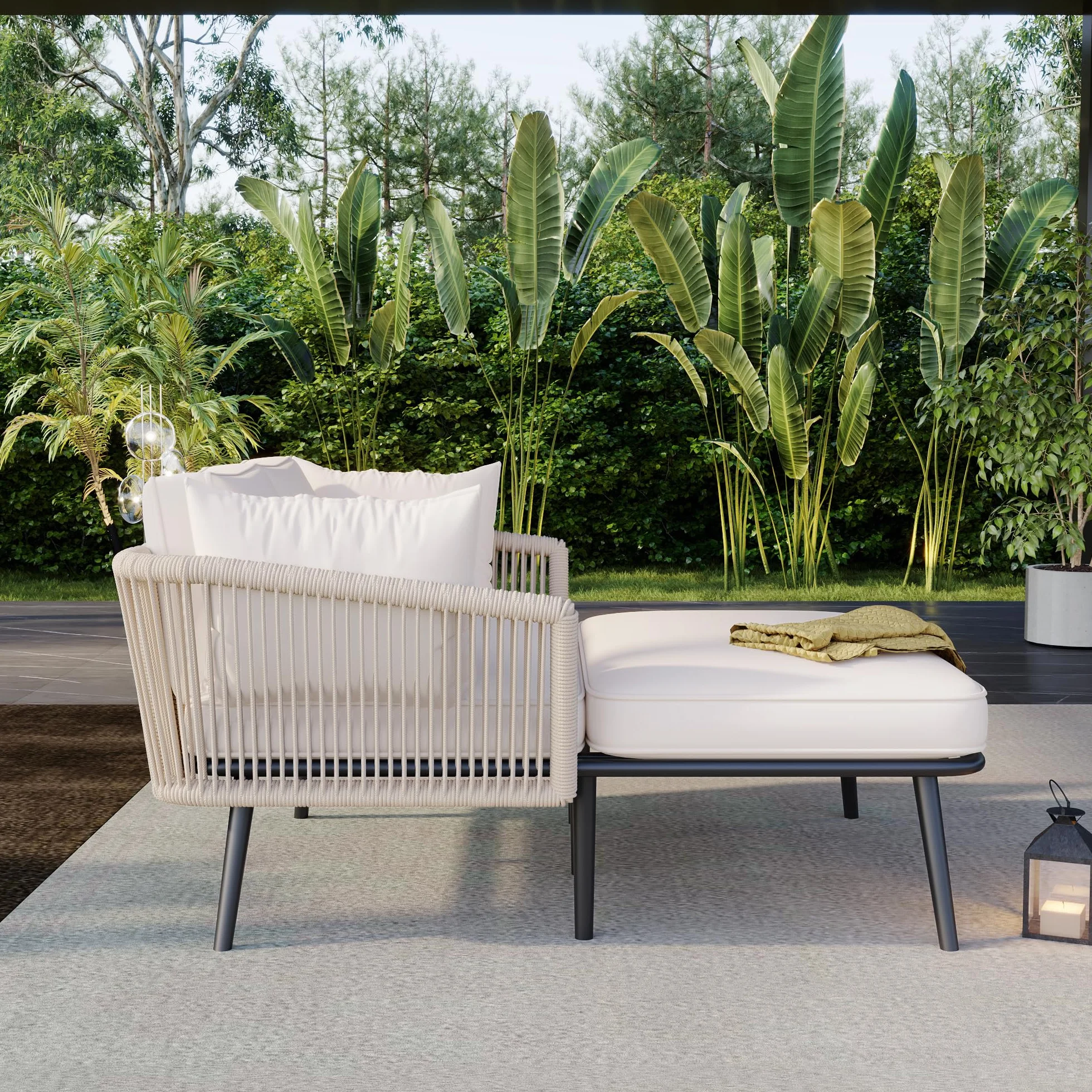 Merax Chaise longue de jardin d'extérieur avec 2 coussins et 2 coussins rembourrés, coussins amovibles et lavables, pour balcon, terrasse, salon de jardin, beige