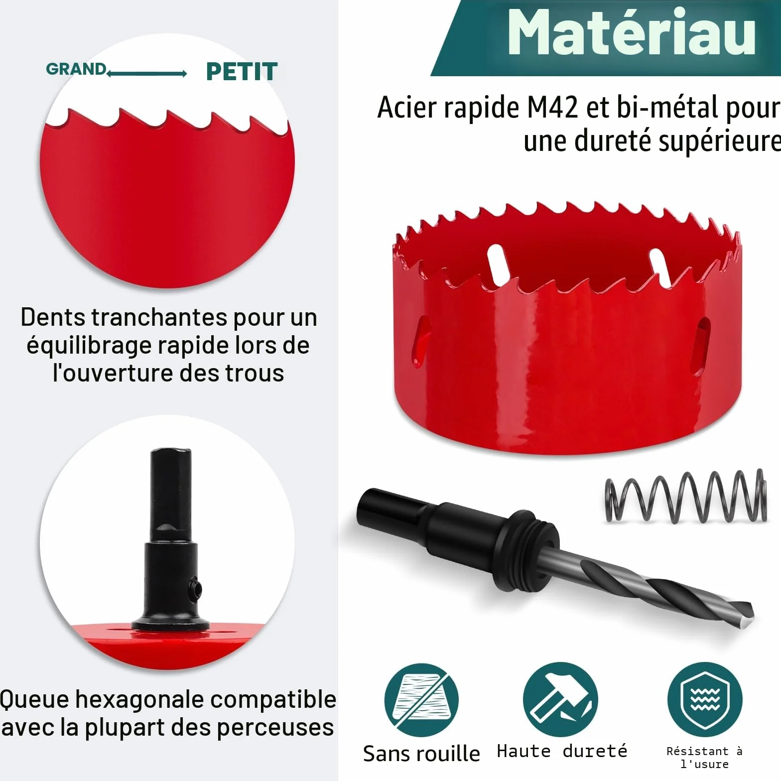 Scie Cloche 100mm HSS M42 Bi-Métal Scie à Trous Avec Adaptateur et Foret de Centrage pour Bois, Plaque de Plâtre, Plastique