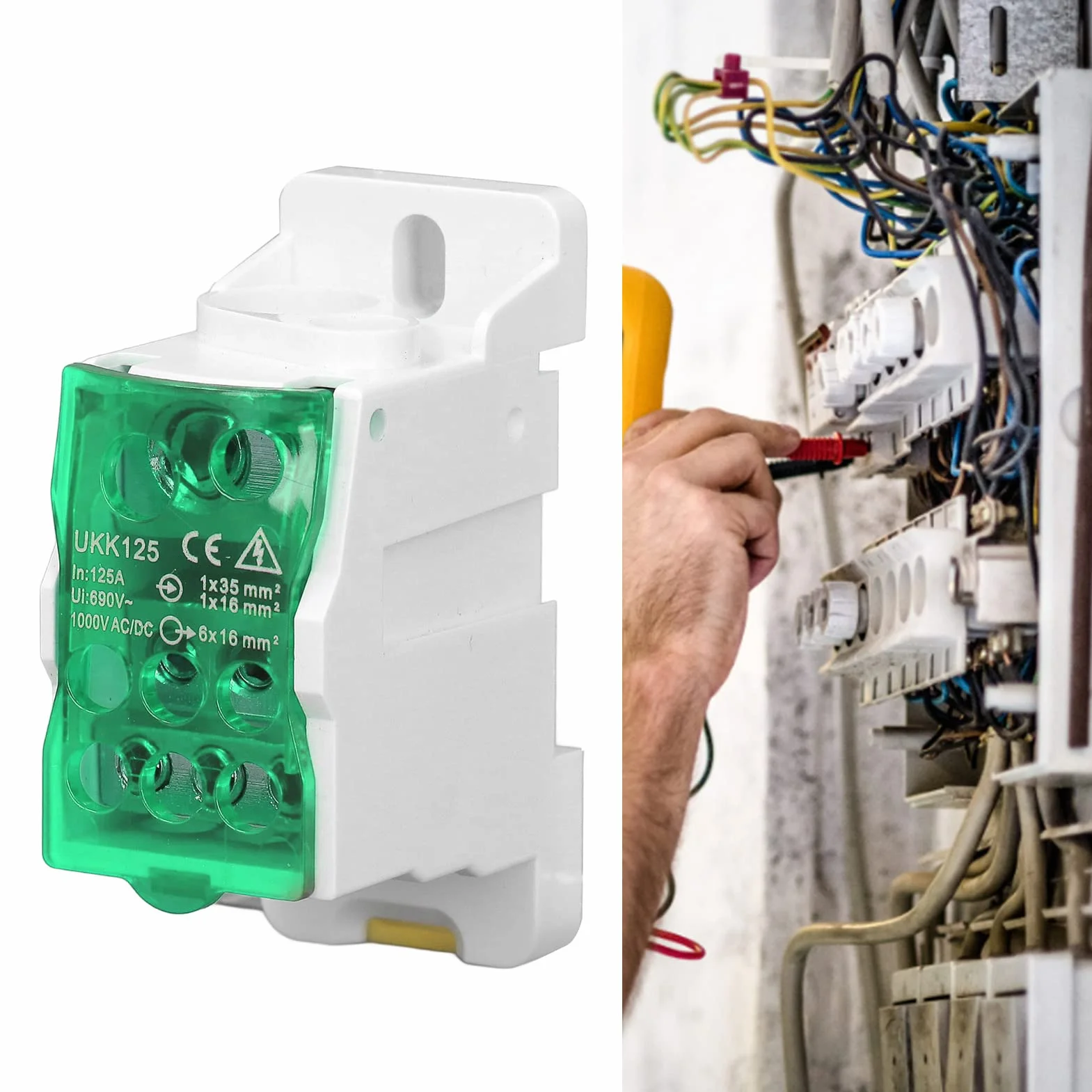 Boîte de Distribution Rail DIN 690V 125A Bornier Électrique Ignifuge PA66 Vert