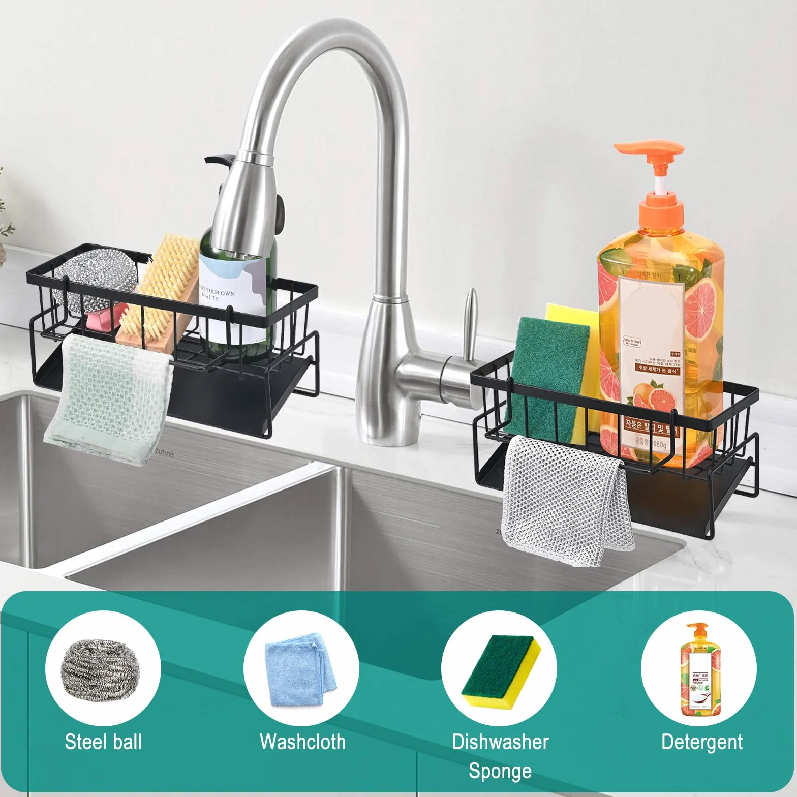 Support d'évier de Cuisine en Acier Inoxydable, Organisateur avec Bac de Vidange Automatique, Noir