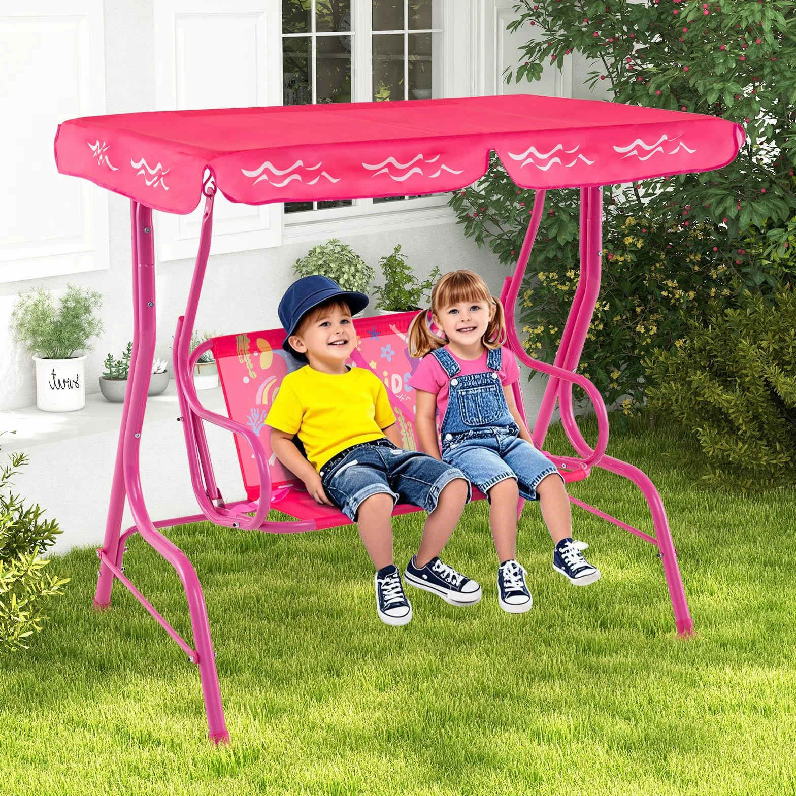 GOPLUS Balancelle de Jardin 2 Places avec Auvent Réglable Ceintures de Sécurité 80 KG Sirène Rose