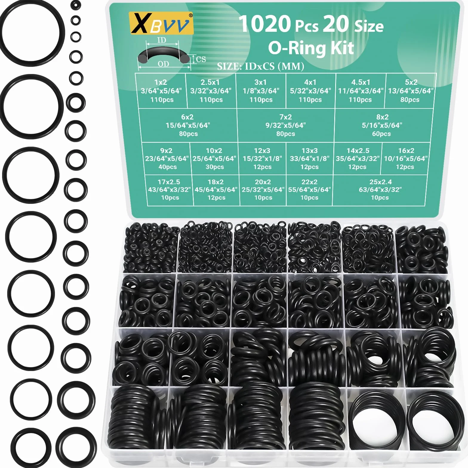 Lot de 1020 joints toriques en caoutchouc nitrile - 20 tailles - Résistants à l'huile et à la chaleur