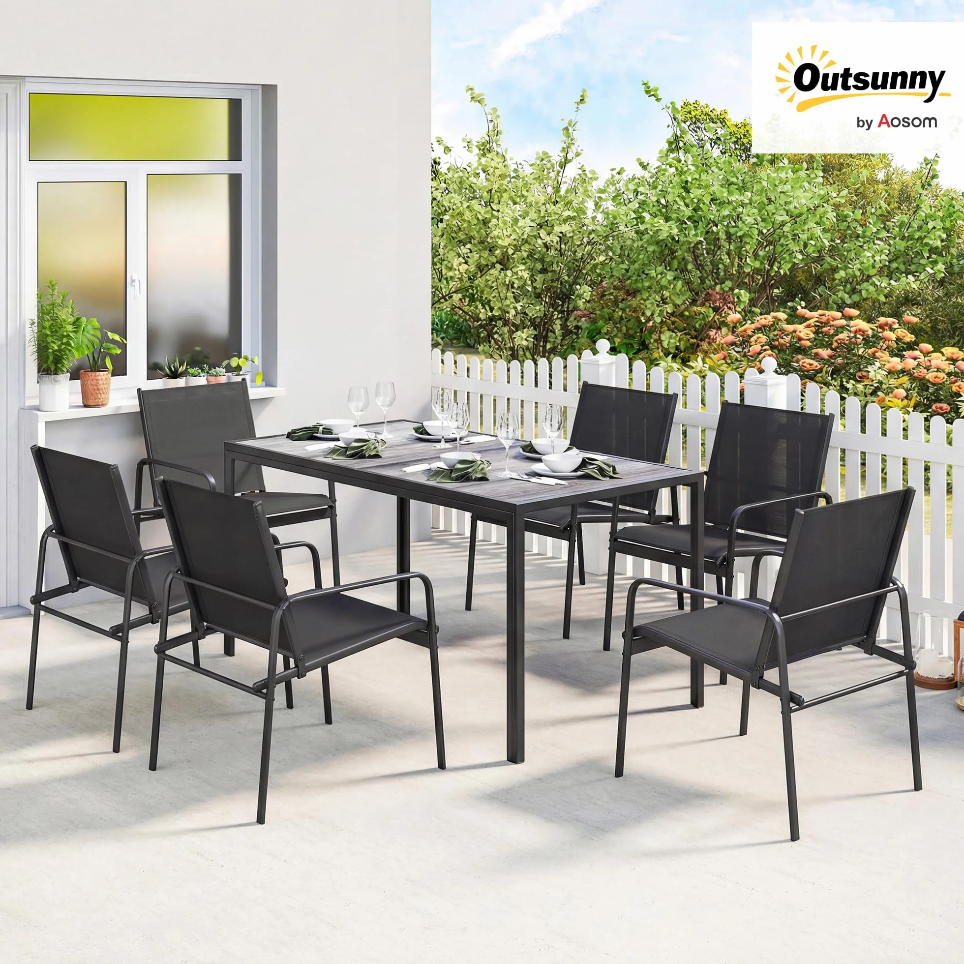 Outsunny Ensemble de Salle à Manger Extérieur 7 Pièces pour 6 Personnes, Table de Patio Effet Bois et Chaises avec Assise en Maille Respirante, Mobilier de Jardin avec Cadre en Acier Galvanisé, Noir