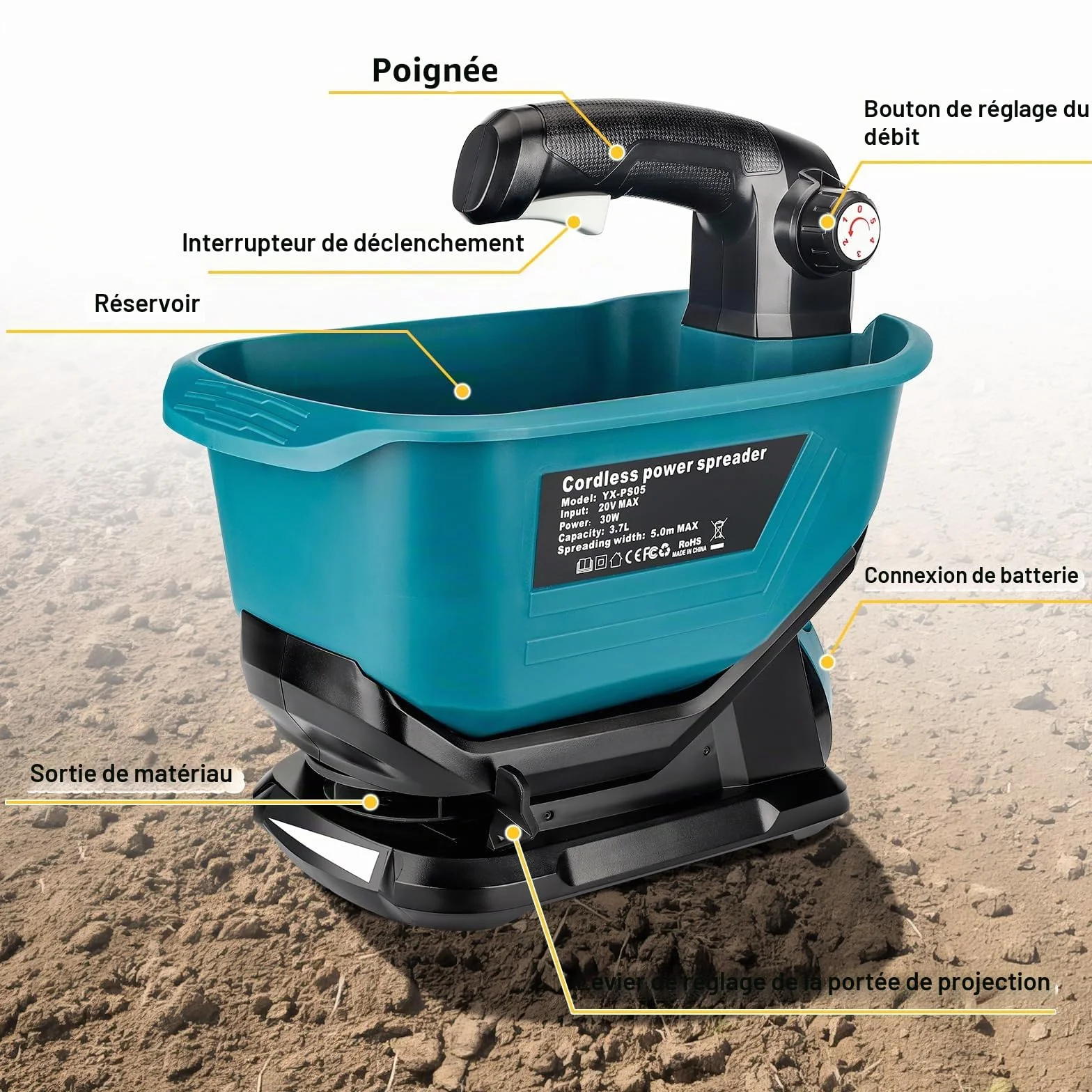 YEX-BUR Épandeur d'engrais portable pour batterie au lithium Makita 18 V, épandeur manuel avec réglage de la vitesse de rotation à 5 niveaux, 3,7 l, couvre jusqu'à 743 m² (sans batterie)