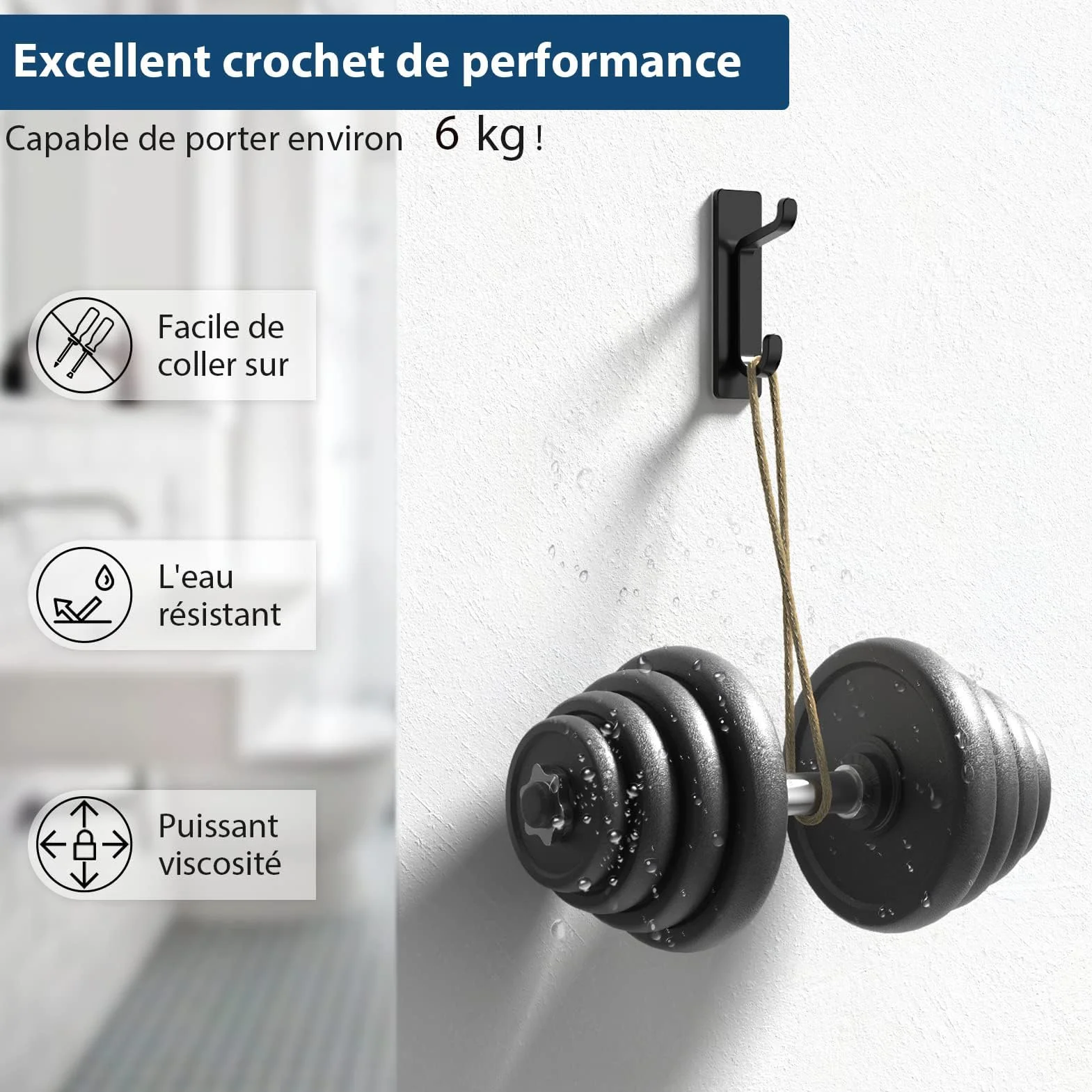 Pickpiff Porte Serviette Adhésif Mural Salle de Bain, Accroche Torchon Cuisine, Sans Percer, Etanche, Antirouille, Noir, 4 Pièces